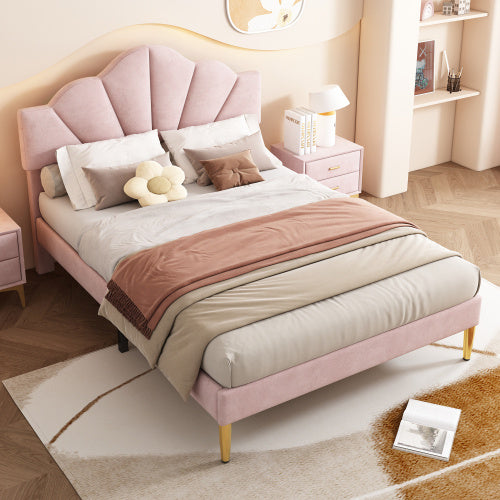 Velvet Upholstered Bed,King Size Bed-5ft 150x200cm  Shell-like Bed With Golden Iron Legs, Height-adjustable Headboard, Wooden Slatted Frame