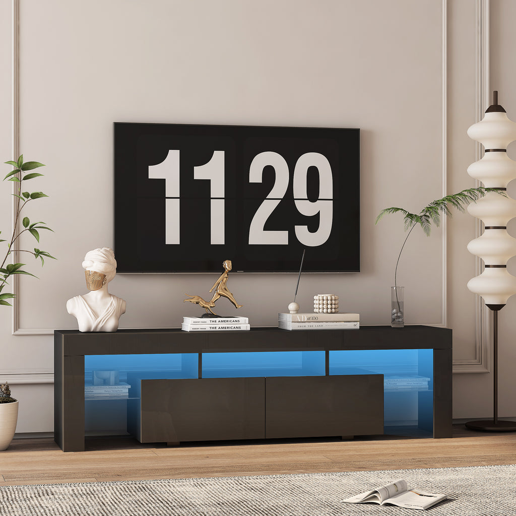 High Gloss TV Stand With LED Lights For TVs Up To , Modern TV Console With Storage Cabinets For Living Room,Black