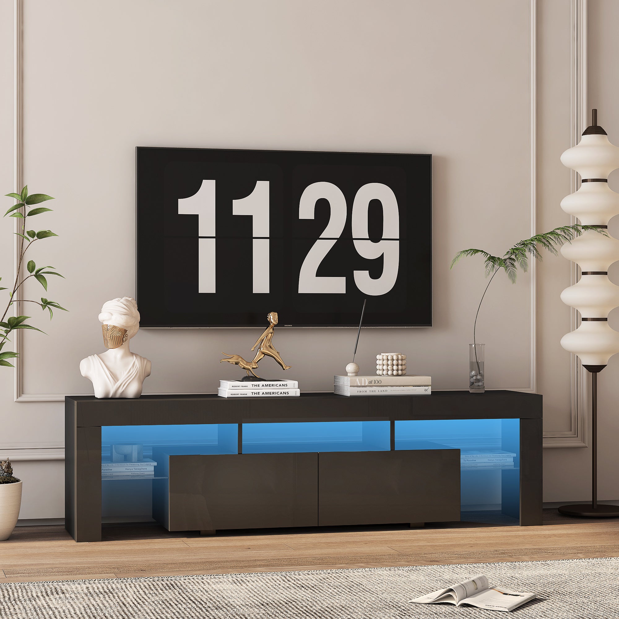 High Gloss TV Stand With LED Lights For TVs Up To , Modern TV Console With Storage Cabinets For Living Room,Black