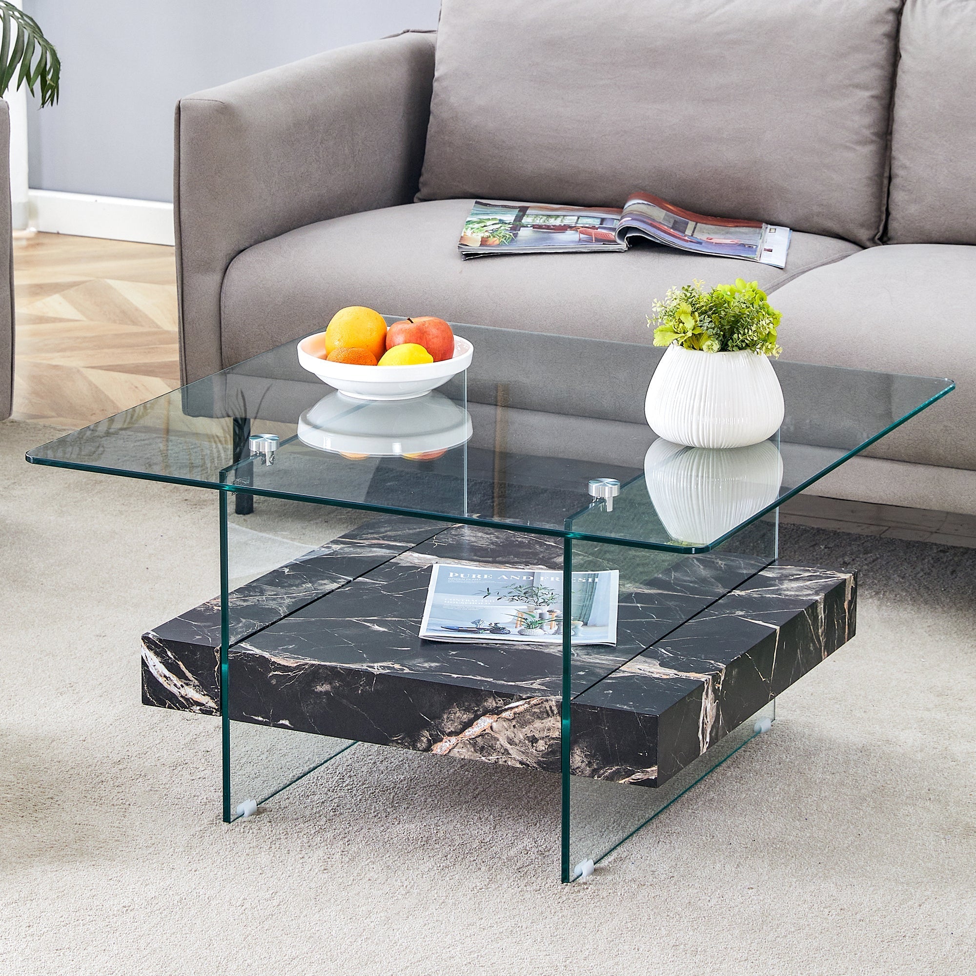 Modern Two-Tier Square Coffee Table - Elegant Clear Glass and Black Sangria Beech