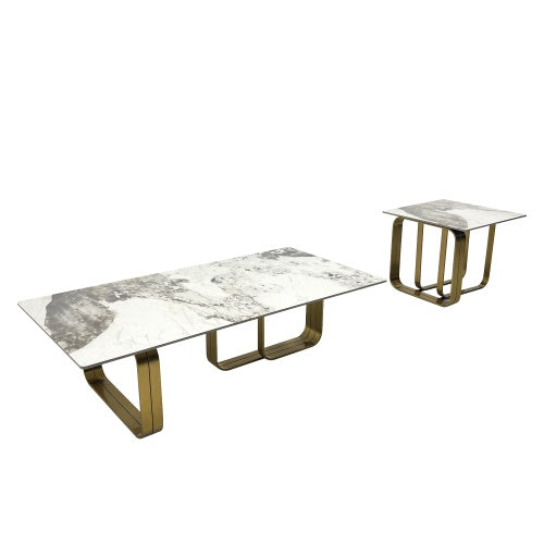 LuneluX_Home – Modern Sintered Stone Coffee Table Set with Gold Frame Carmine Juneberry