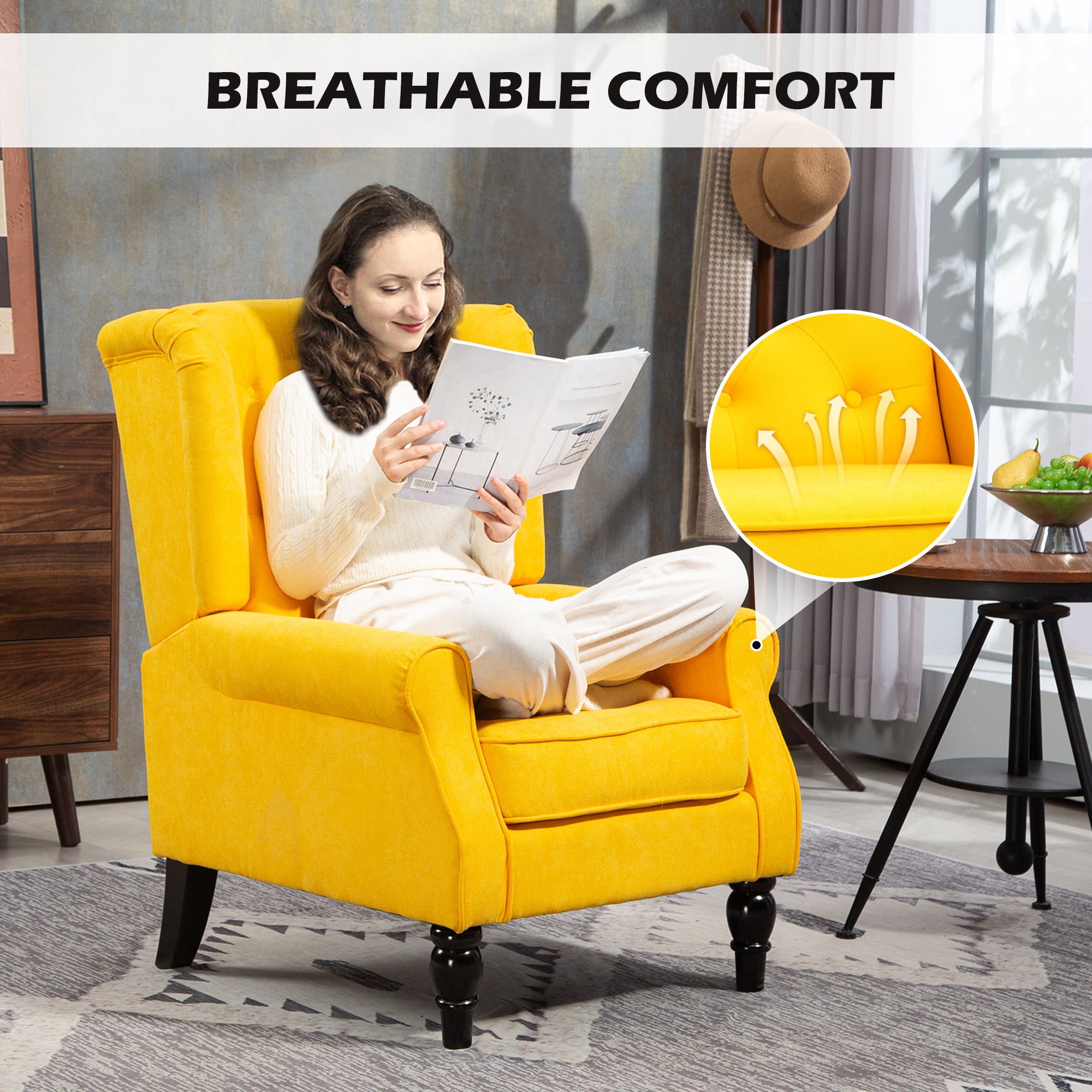 Wingback Accent Chair For Living Room, Button-Tufted Lounge Chair With Round Armrests And Wood Legs, Yellow