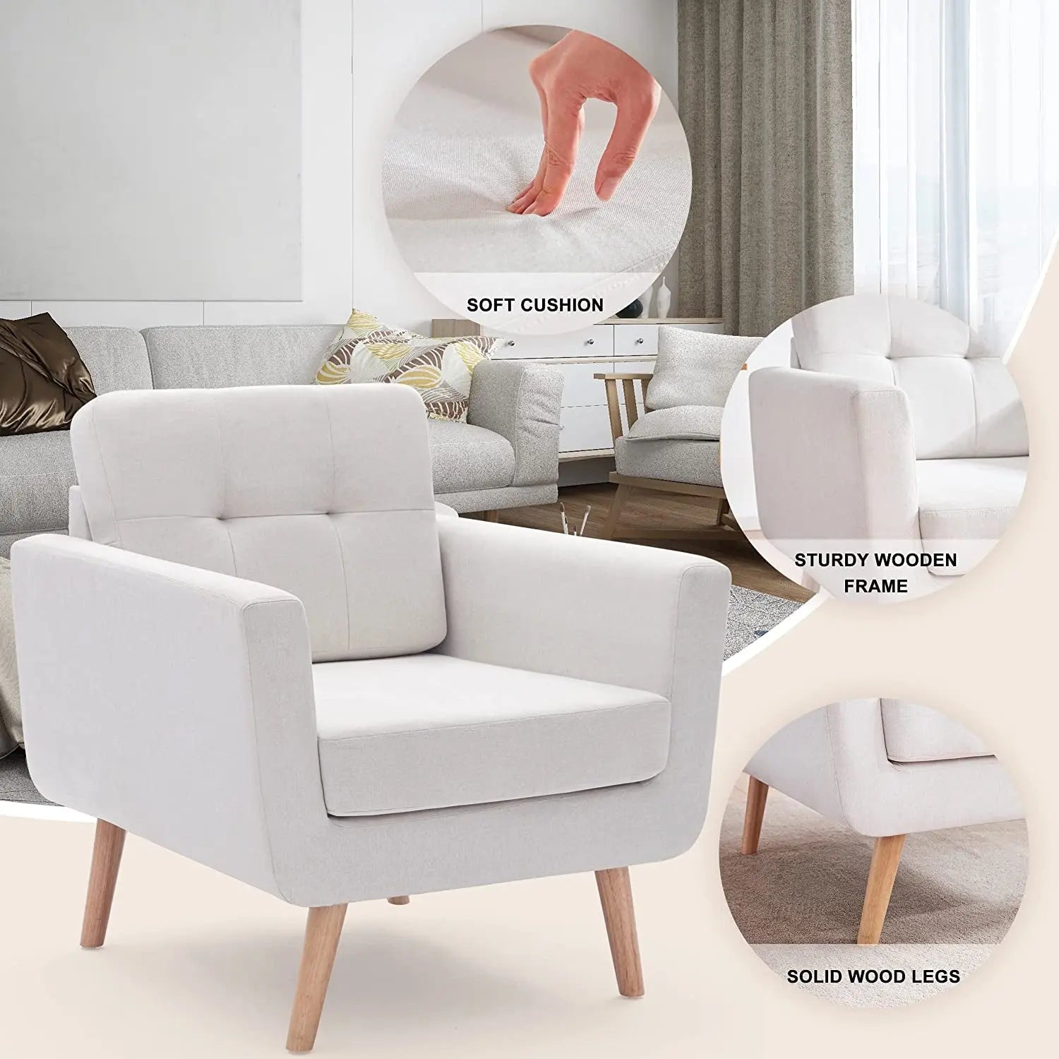 Beige Mid Century Accent Chair with Tufted Upholstery Peach Maple