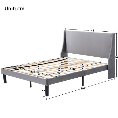 Double Bed Velvet Dark Green 4FT6 Upholstered Bed With Winged Headboard, Wood Slat Support