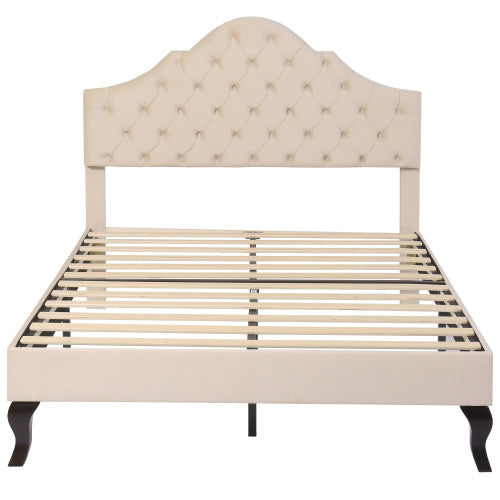 Upholstered Bed With Slatted Frame And Headboard, 4ft6 Double Bed,135x190,Upholstered Bed With Height-adjustable Headboard, Youth Bed, Wooden Slat Support, Easy Assembly, Velvet, Beige
