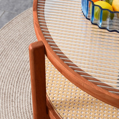 Modern Minimalist Circular Double Layer Solid Wood Coffee Table  Craft Glass Tabletop Second Layer Material PE Rattan, Solid Wood Frame 34.6 X34.6x 17.7