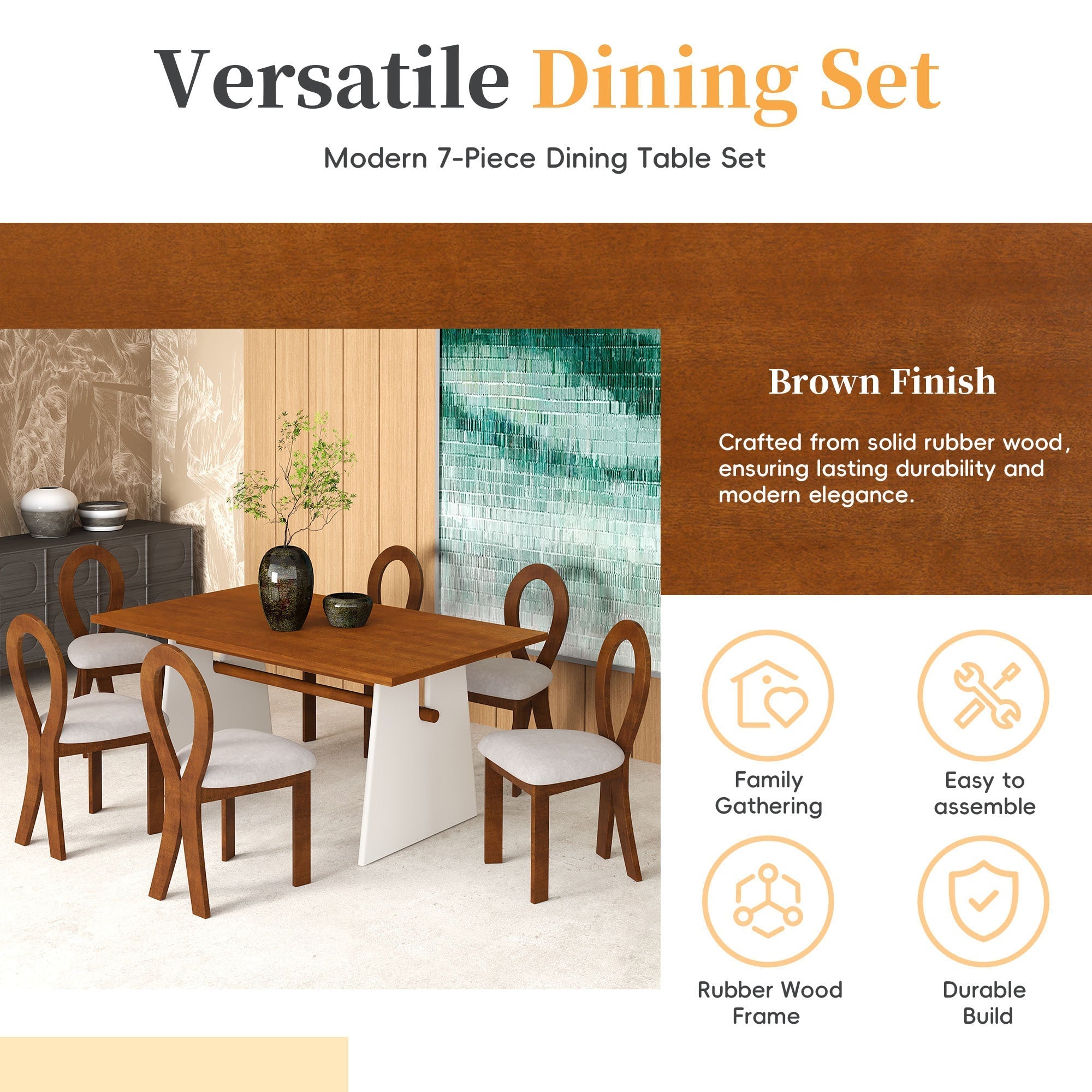 Modern 7-Piece Dining Table Set with Trestle Dining Table and 6 Sangria Beech