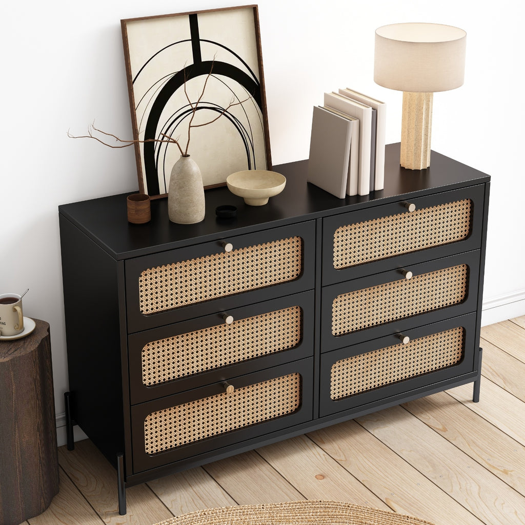 Modern Cannage Rattan Wood Closet 6-Drawer Dresser Wood Storage Cabinet Sideboard For Bedroom, Livin