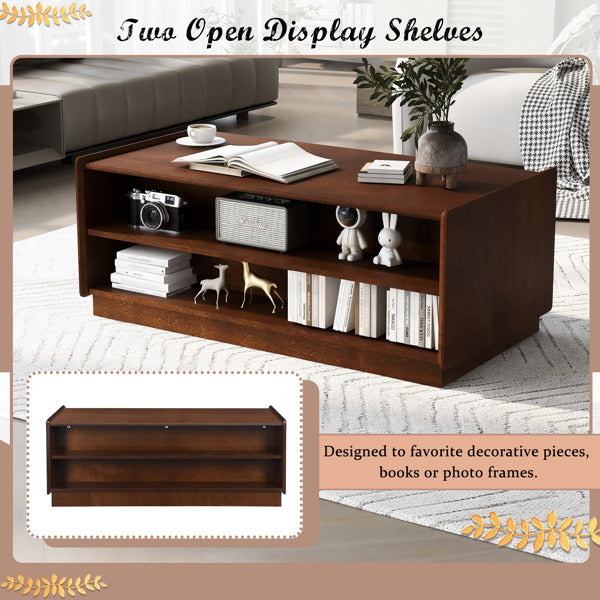 U-Can Modern Rectangle Coffee Table With 4 Drawers And 2 Display Shelves,  Wood Coffee Table With Fluted Style, Tempered Glass For Living Room CJDropshipping