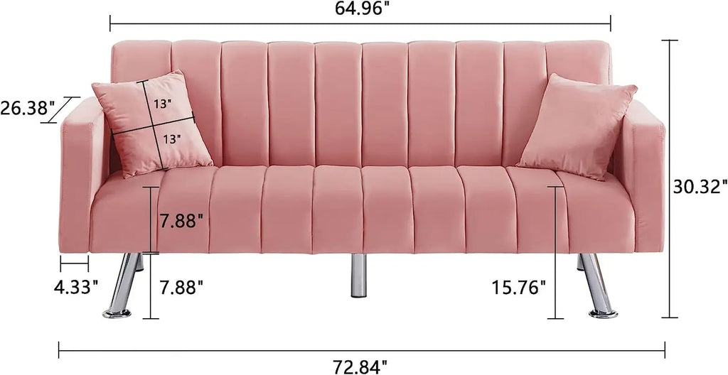 Pink Velvet Sofa Bed with 2 Pillows Peach Maple