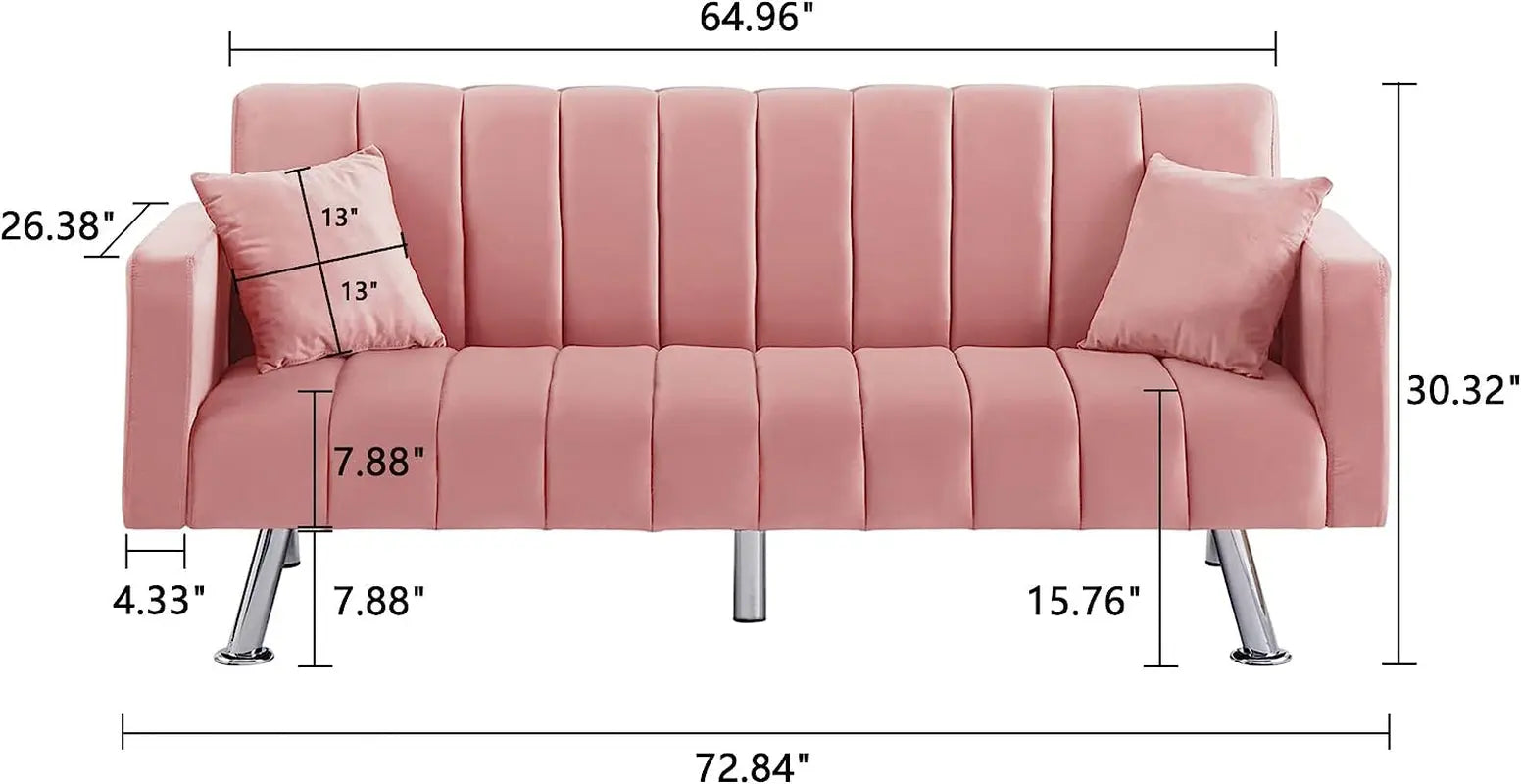 Pink Velvet Sofa Bed with 2 Pillows Peach Maple