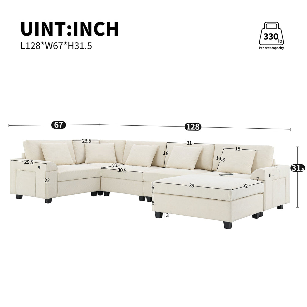 128*67" U Shaped Sectional Sofa,6 Seat Chenille Couch Set with