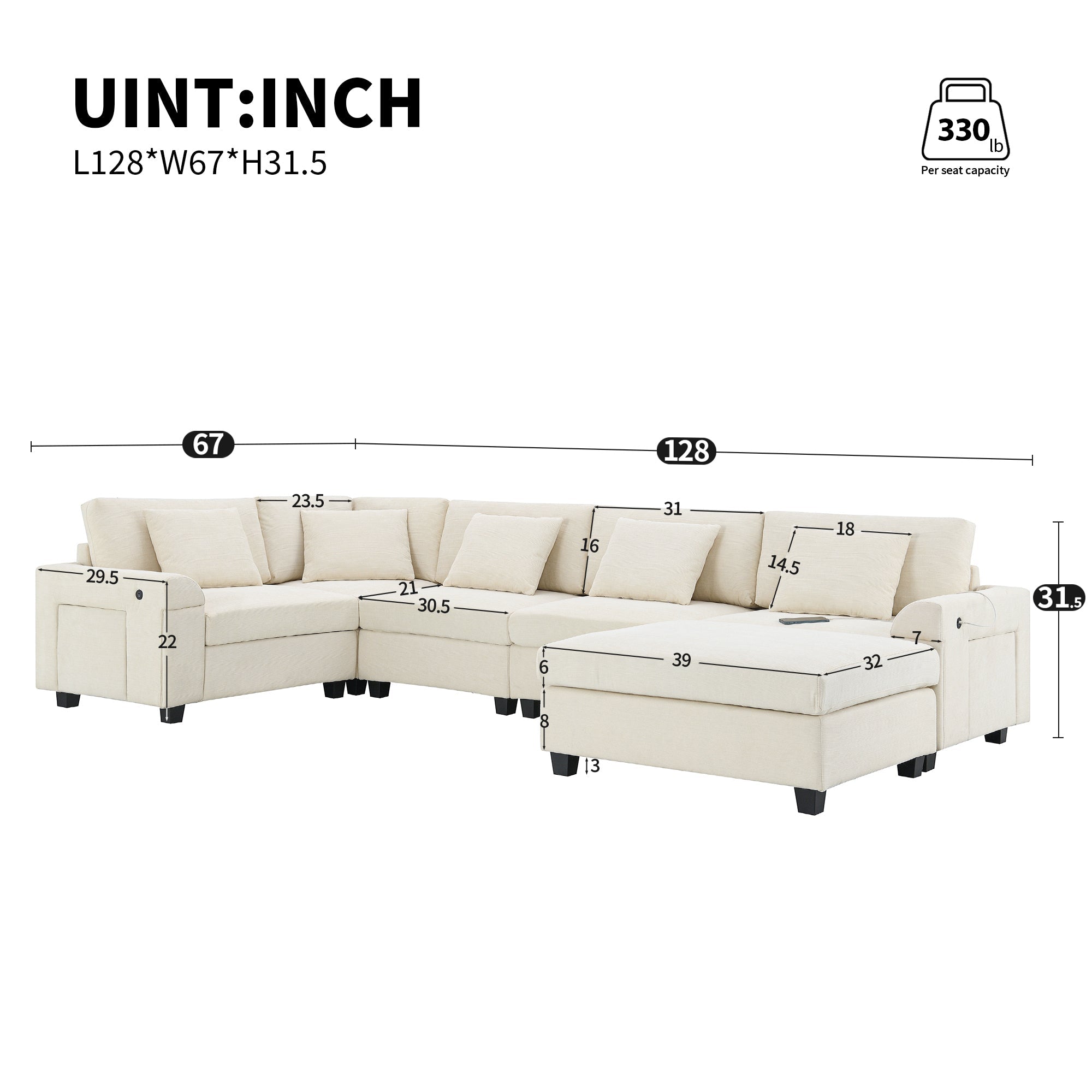 128*67" U Shaped Sectional Sofa,6 Seat Chenille Couch Set with