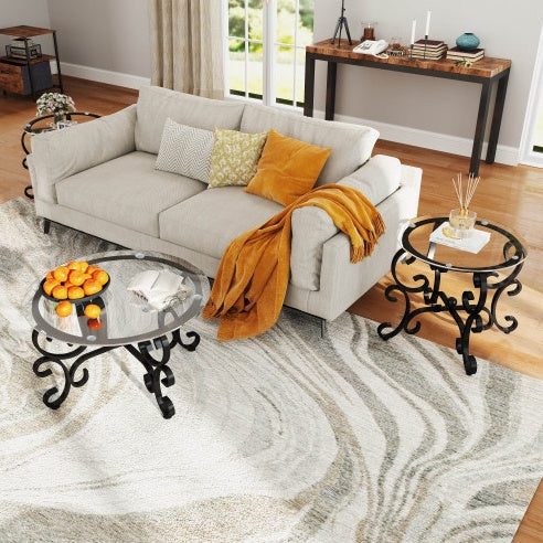 3 Piece Tempered Glass Surface Coffee Table Set, Decor Coffee Table