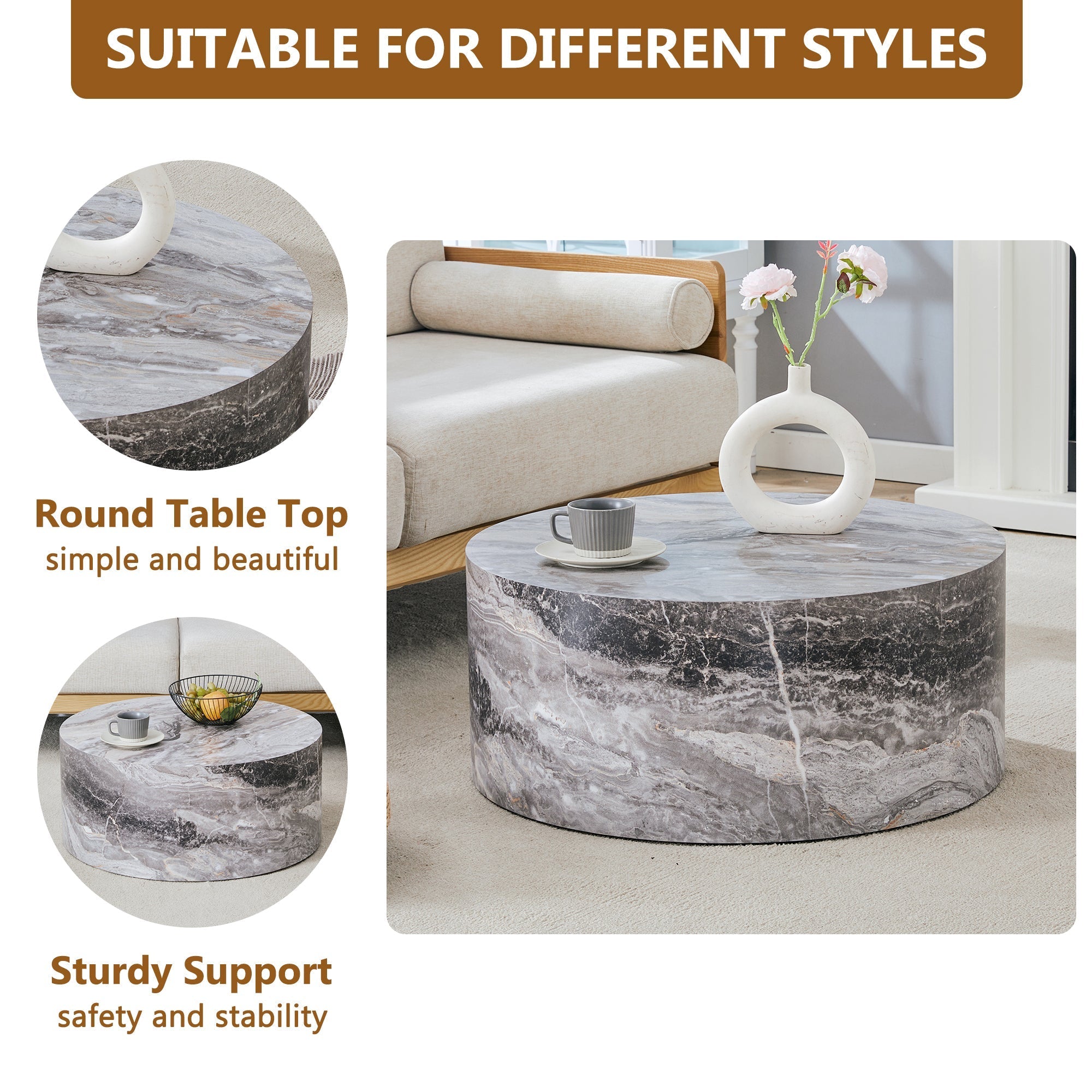 Simple Grey Marble Textured Cylindrical Coffee Table, Industrial Style Sangria Beech