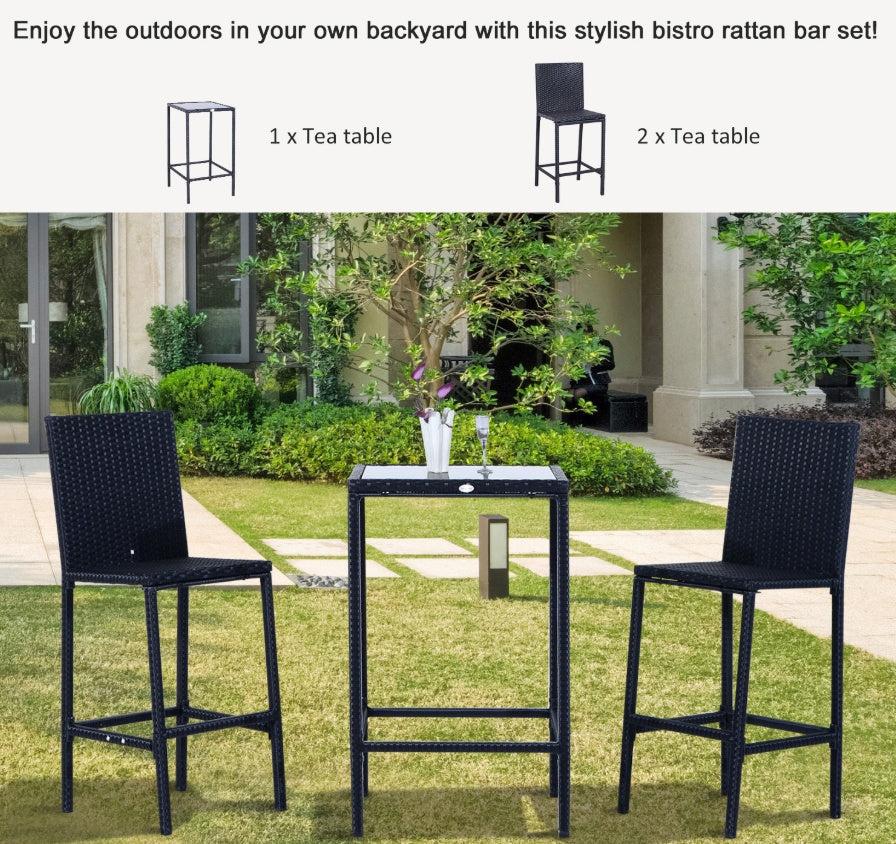 Wicker Bar Set, 3-Piece Outdoor Counter Height With Glass Top Table & Stools, All-Weather - Black