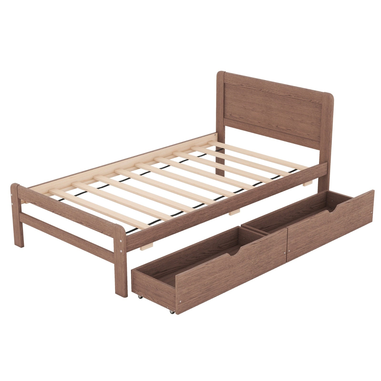 Modern Design Twin Size Platform Bed Frame With 2 Drawers For Walnut Color