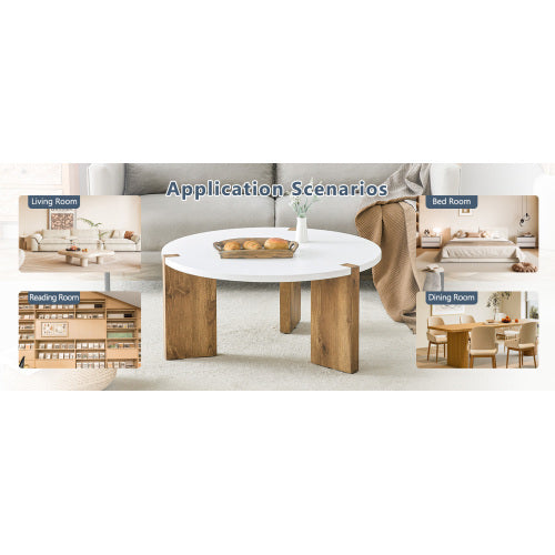 33.4-inch Diameter Minimalist Circular MDF Material Coffee Table, A Stable And Practical Choice. The Unique Embedded Design And The Support Of Three Table Legs Make The Coffee Table Structure Stable.