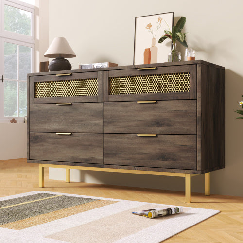 Sideboard Cabinet Dresser With 6 Drawers, Metal Handles Dresser, Multipurpose Cabinet For Hallway, Bedroom, Living Room, And Children's Room.120 X 40 X 76 Cm, Dark Brown