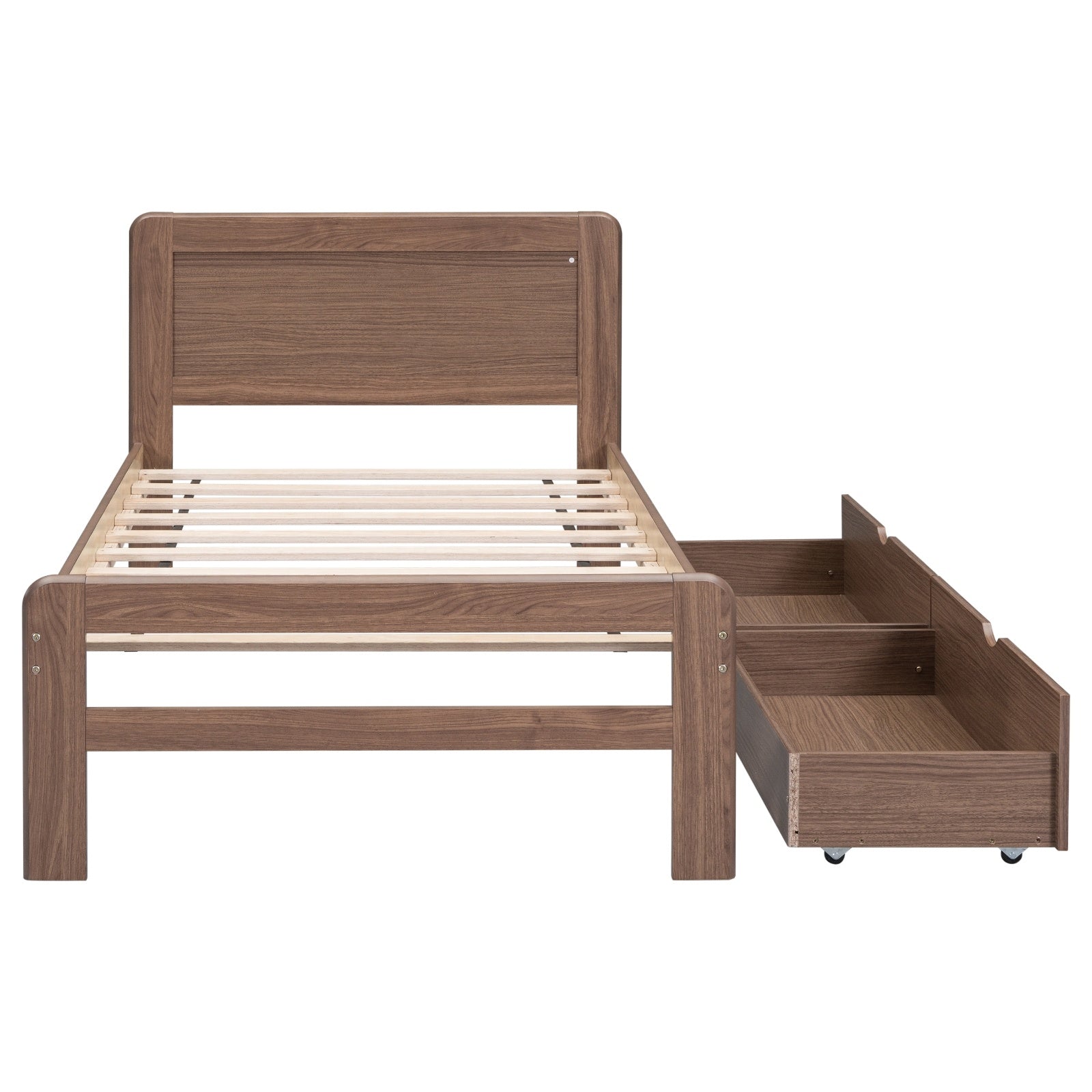 Modern Design Twin Size Platform Bed Frame With 2 Drawers For Walnut Color