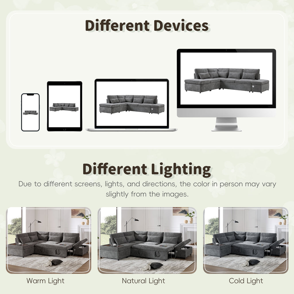 107'' Modular Sectional Pull-out Sofa, L shape with Wide Seats, Free