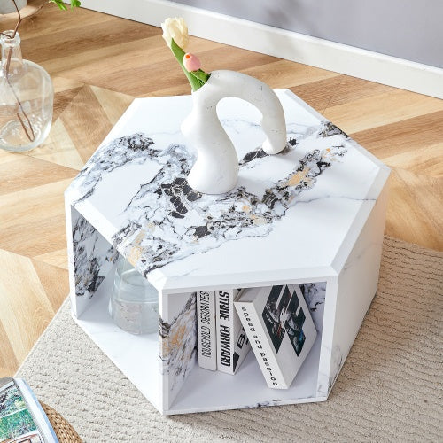 Hexagonal MDF Coffee Table, Characteristic Pattern Stickers, Multi-hole Design To Give More Storage Space, Simple And Convenient Design Makes It Suitable For All Kinds Of Style Scenes CJDropshipping