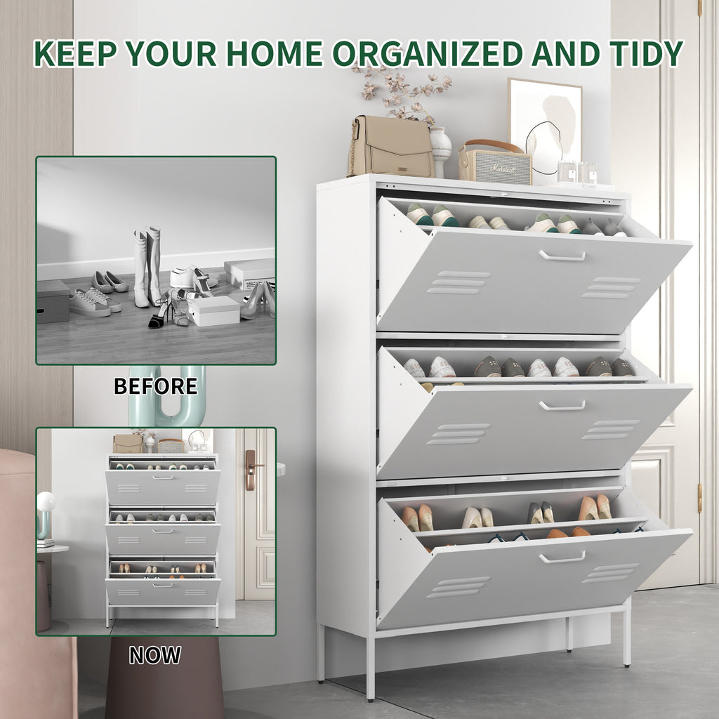 Shoe Storage Cabinet With 3 Flip Drawers, Freestanding Shoe Cabinet Organizer With Metal  Frame For Entryway, Hallway, Foyer, White