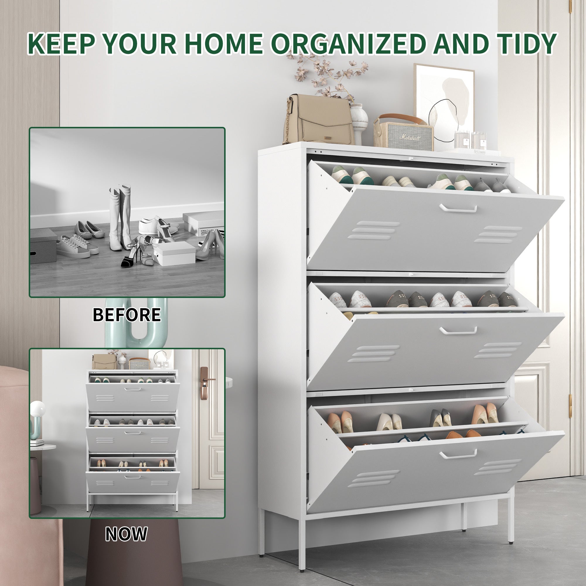 Shoe Storage Cabinet With 3 Flip Drawers, Freestanding Shoe Cabinet Organizer With Metal  Frame For Entryway, Hallway, Foyer, White