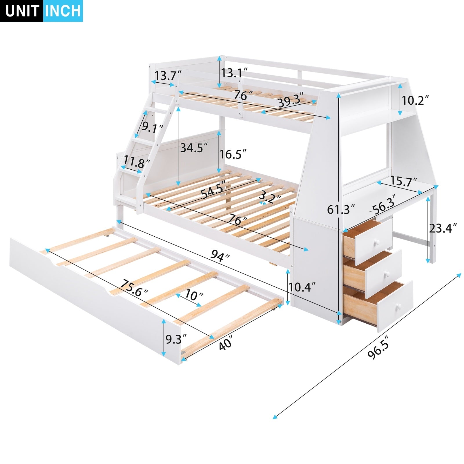 Twin Full Bunk Bed W  Trundle, Desk, 3 Drawers   Shelf - White