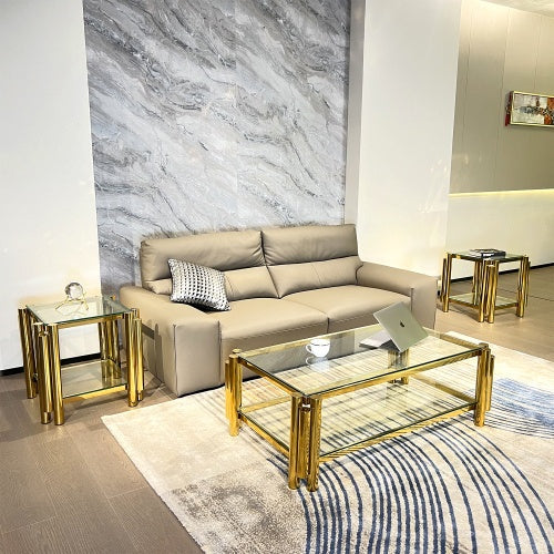 Modern Stainless Steel Coffee Table Set Set Of 3, Double-Layer Clear Tempered Glass Table Top, Coffee Table  Two End Side Table 3-Pieces Sets For Living Room Home Office CJDropshipping