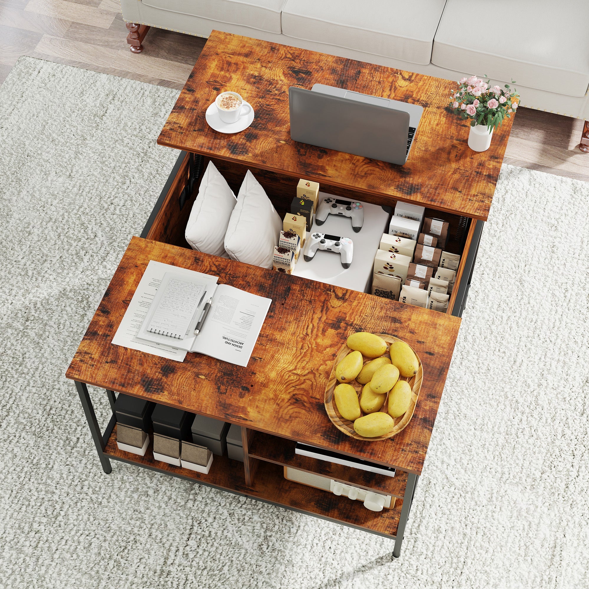 Farmhouse Lift Top Coffee Table With Storage Adjustable Height Living Room Table, Multifunctional Center For Family With Hidden Compartment & 3 Shelves110lbs Capacity, Easy To Clean CJDropshipping