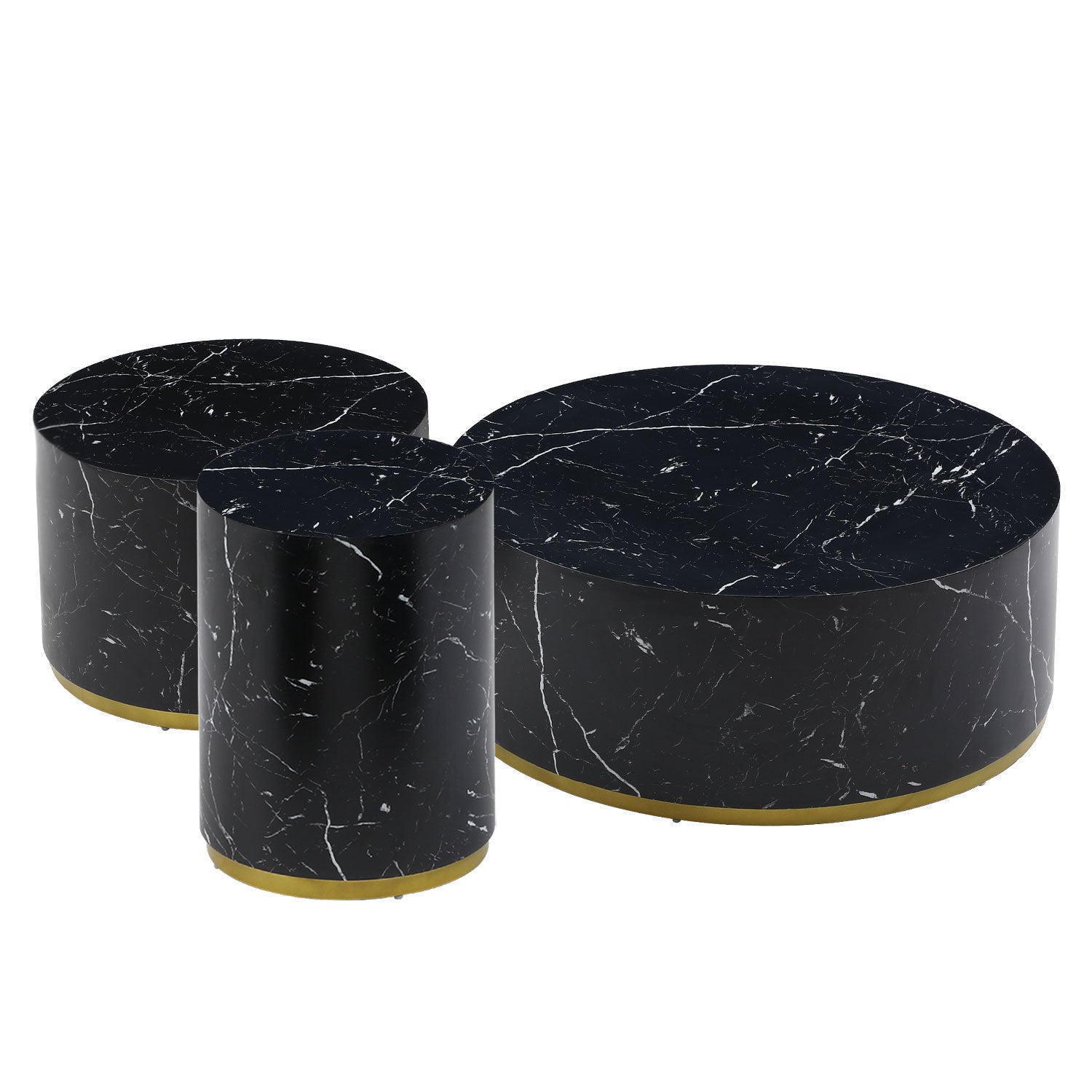 Set of 3 Black Marble Pattern  Round Coffee Table side Table End Table Olive Phaedra