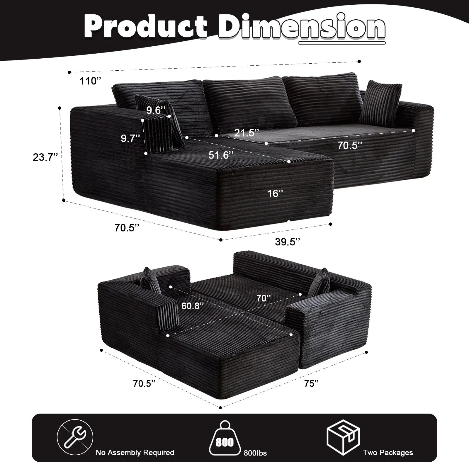 Compression Sectional Couch With Comfy Chaise, Boneless L Shape Sofa Crimson Medea