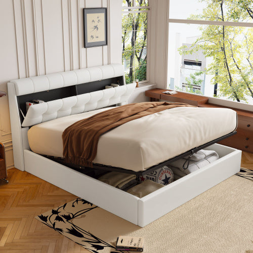 Fashion Upholstered Bed,150x200  5ft, King Bed,Hydraulic Bed,Concealed Headboard Storage,Bed Box Storage,PU,With Slats And Headboard,Without Mattress,Cream White