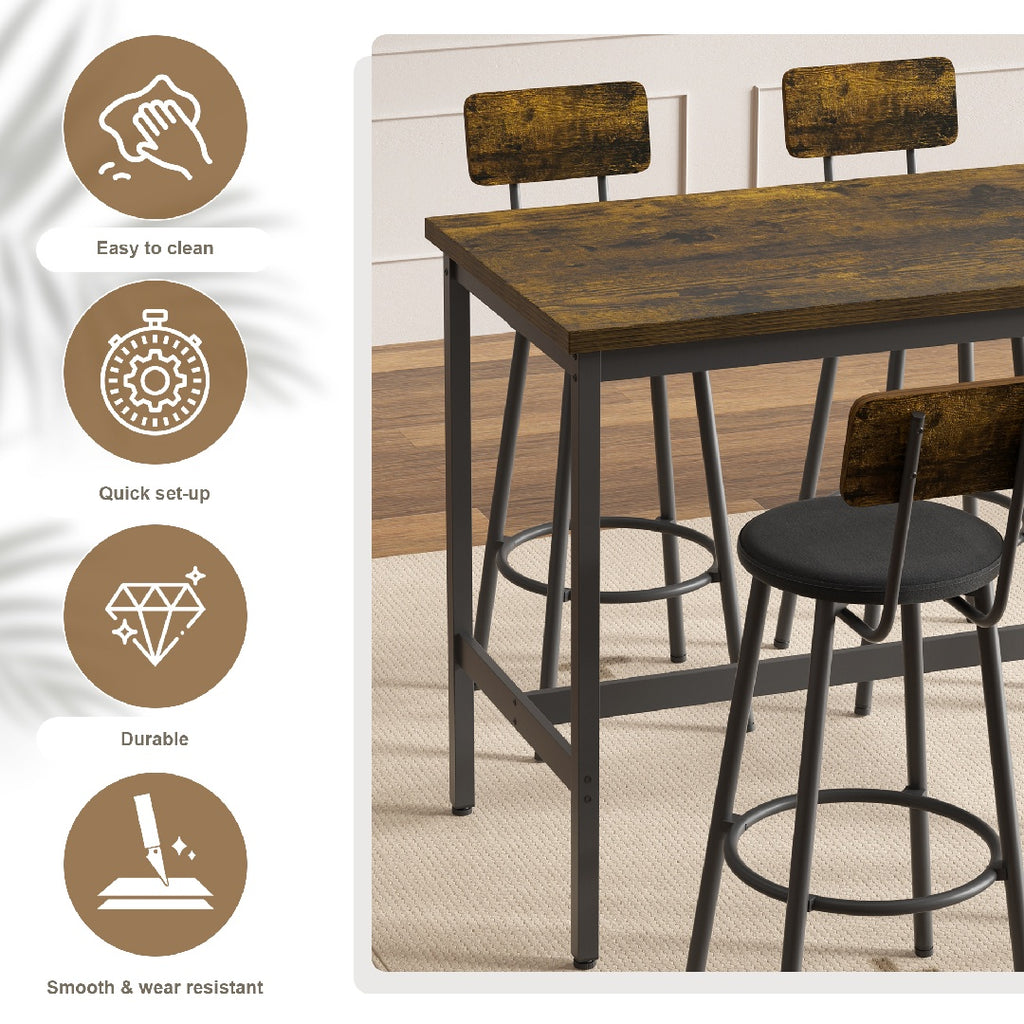 Only Supports Self Pickup-Long Dining Table Set With 4 Bar Stools In PU Leather, Dining Table And Chairs Set, Industrial High Coffee Table And Back Chairs