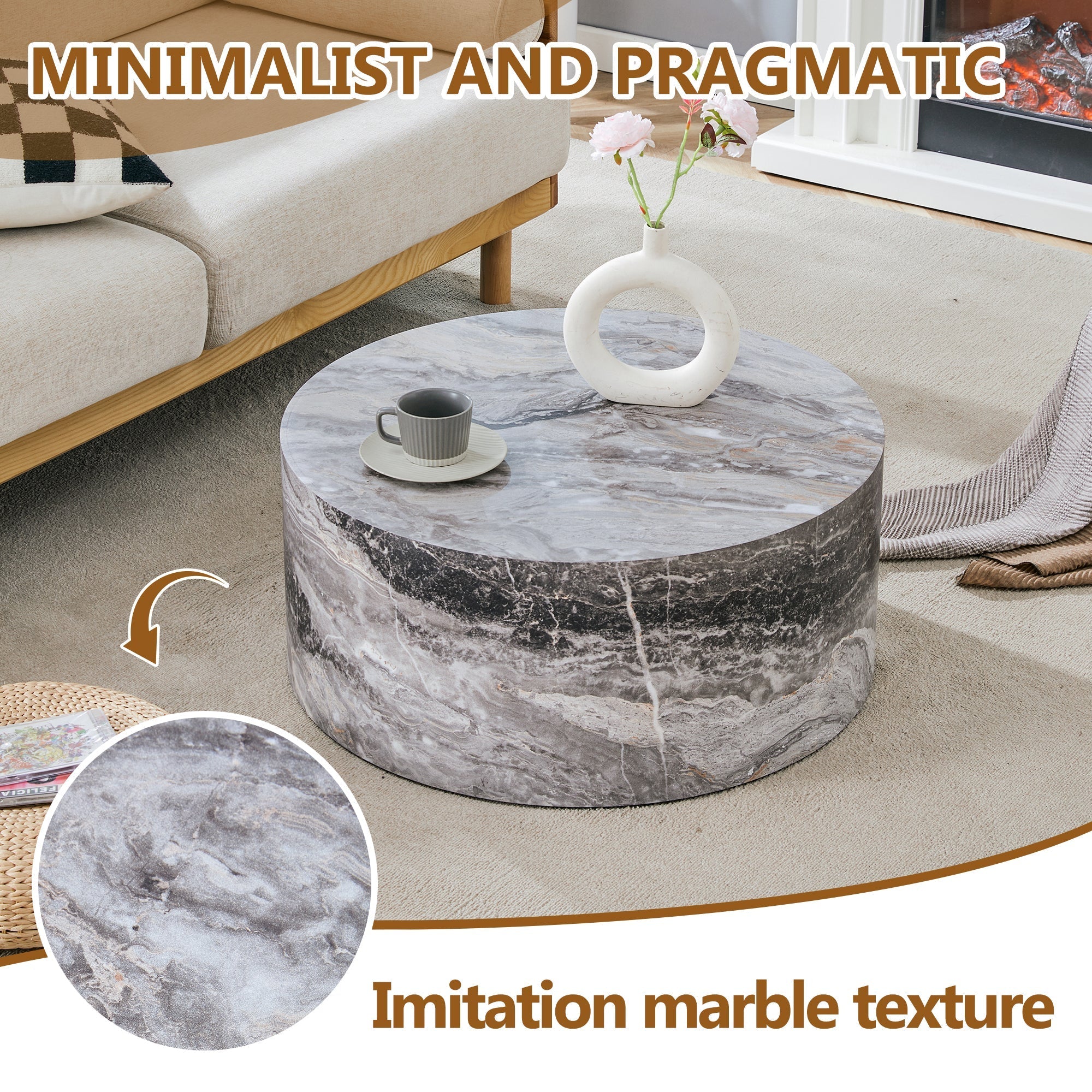 Simple Grey Marble Textured Cylindrical Coffee Table, Industrial Style Sangria Beech