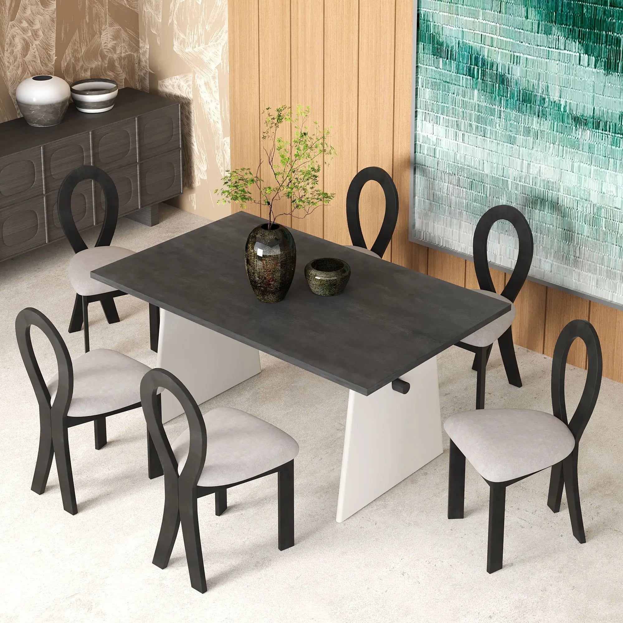 Modern 7-Piece Dining Table Set with Trestle Dining Table and 6 Sangria Beech