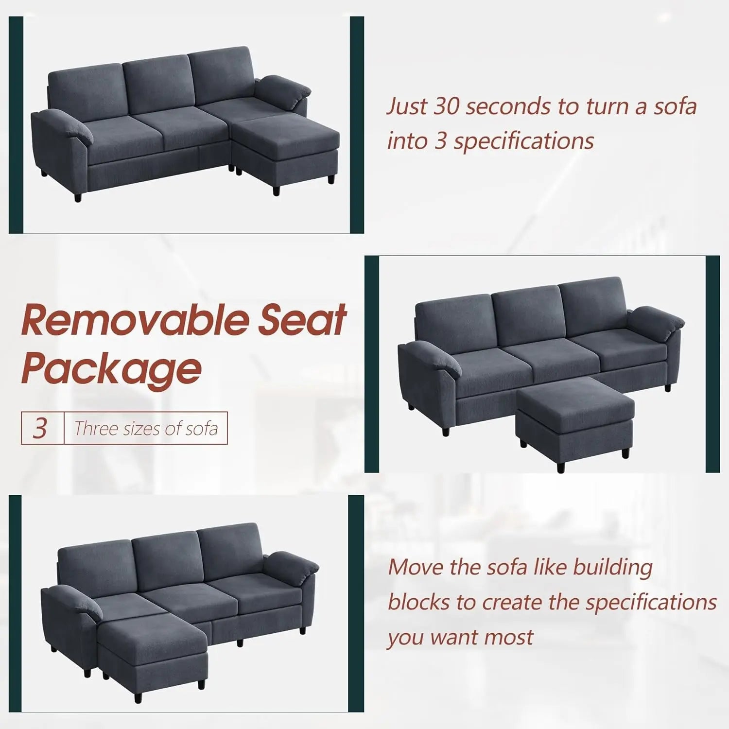 Gray Linen Sectional Sofa with Pillows Peach Maple