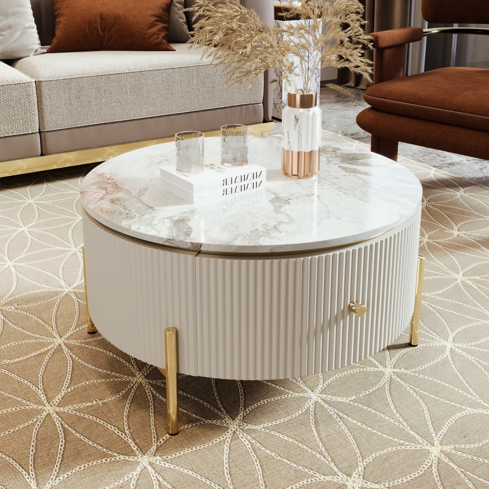 Modern Round Coffee Table With 2 Large Drawers Storage Accent Table  31.5 CJDropshipping