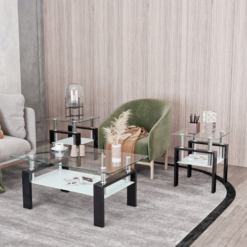 Set Of 2, Modern Tempered Glass Tea Table Coffee Table End Table, Square Table For Living Room, Transparent Black CJDropshipping