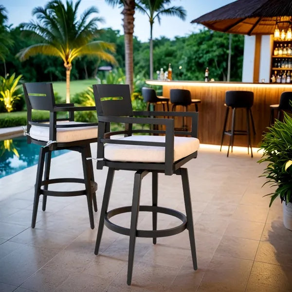 Modern Outdoor 2-Piece Swivel Bar Chairs - Aluminum Frame With Ember Black, 360 Swivel, Ergonomic Backrest  Armrests, Tapered Legs, Sunbrella Cushion, Weather-Resistant  Durable Patio Bar Stool