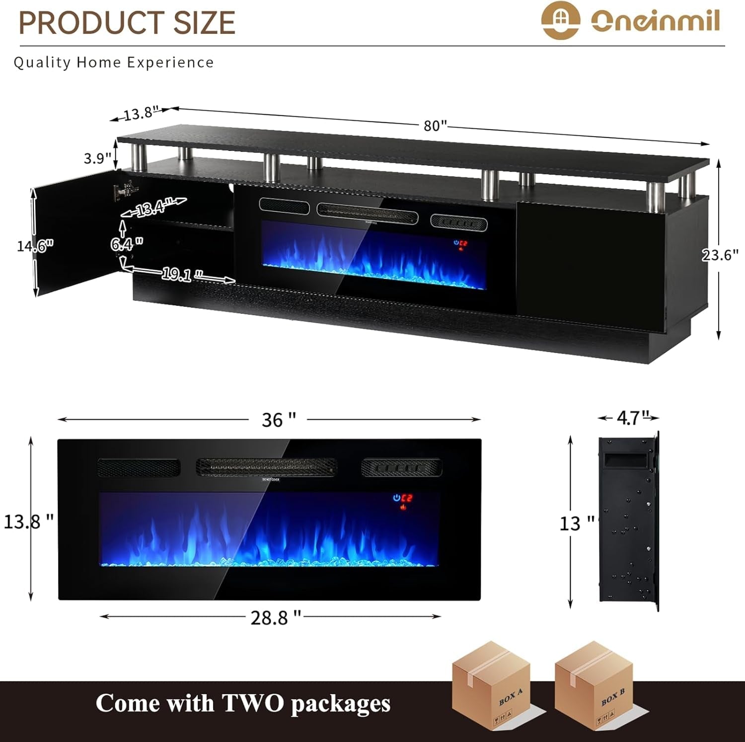 80" Modern Electric Fireplace TV Stand for Tvs up to 90 Inch, with Peach Maple