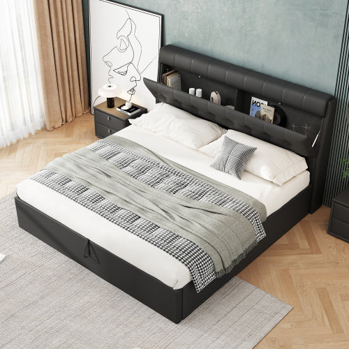 Fashion Upholstered Bed,135x190 4ft6, Double Bed,Hydraulic Bed,Concealed Headboard Storage,Bed Box Storage,PU,With Slats And Headboard,Without Mattress,Cream White