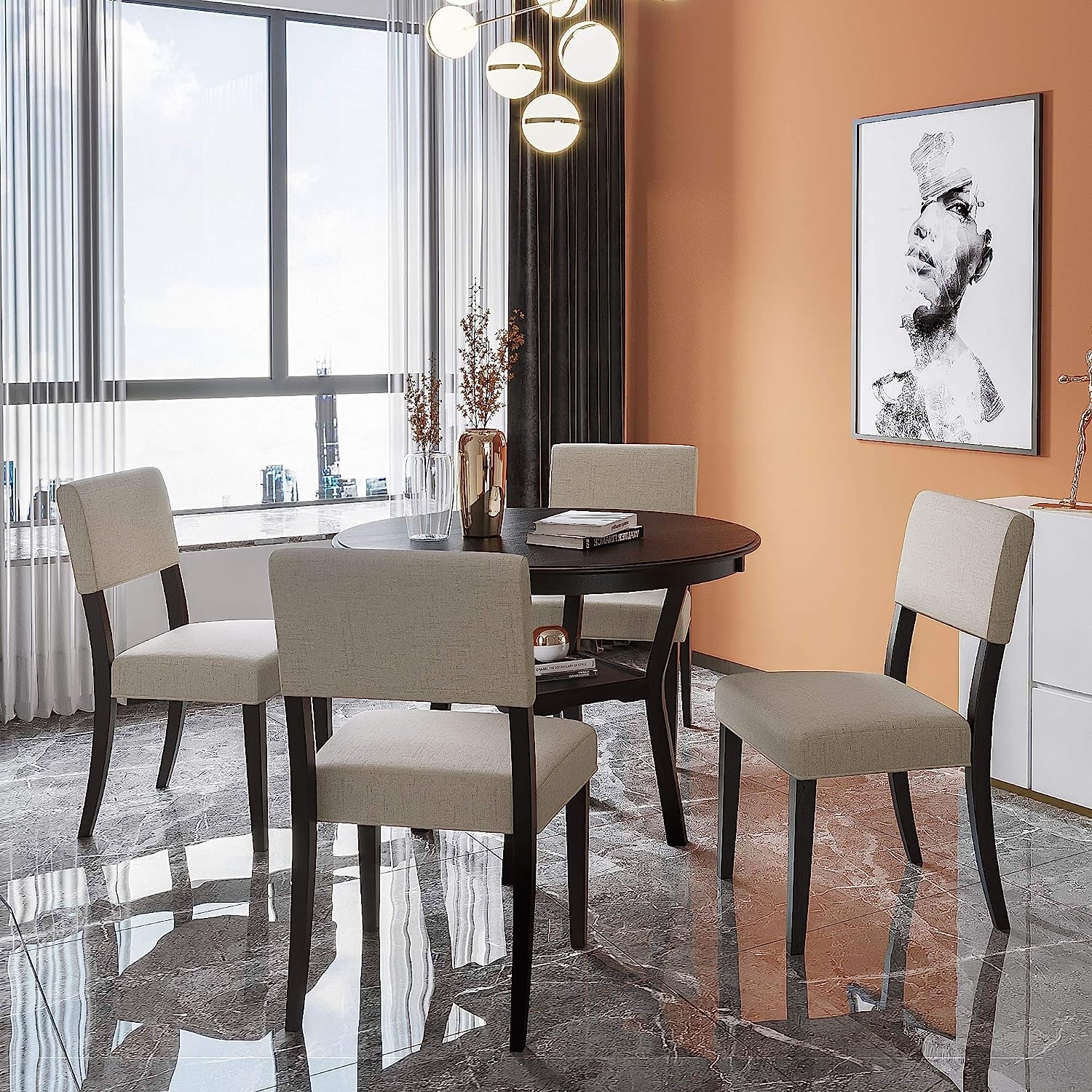 5-Piece Dining Set, round Bottom Shelf, 4 Upholstered Chairs
