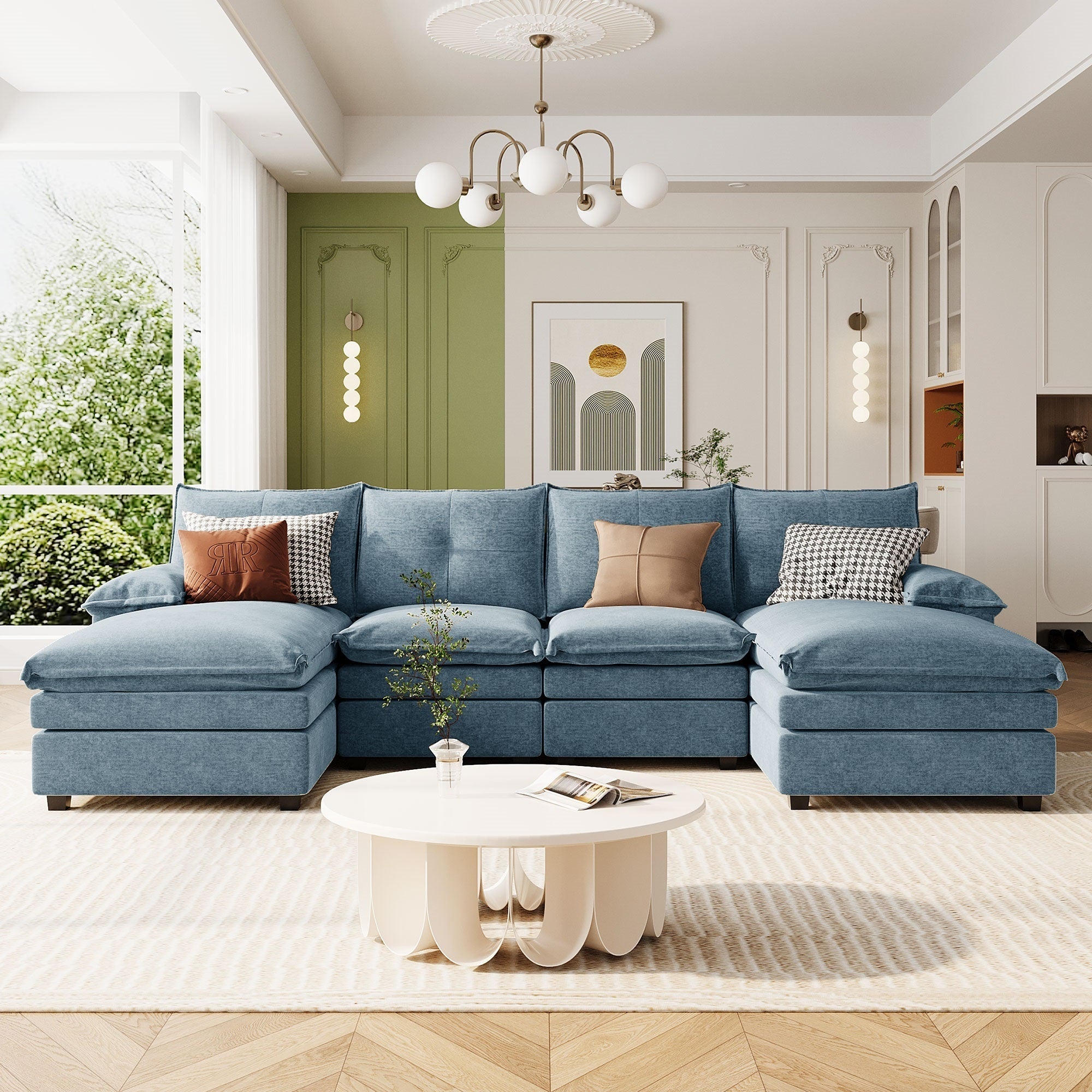U-Shaped Chenille Sectional Sofa with Adjustable Armrest Pillows -