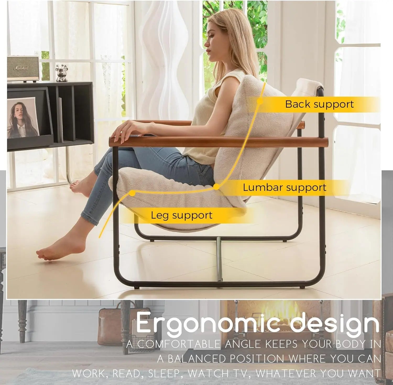 Modern Accent Chair, Living Room Chair with Wood Armrests, Shredded Peach Maple