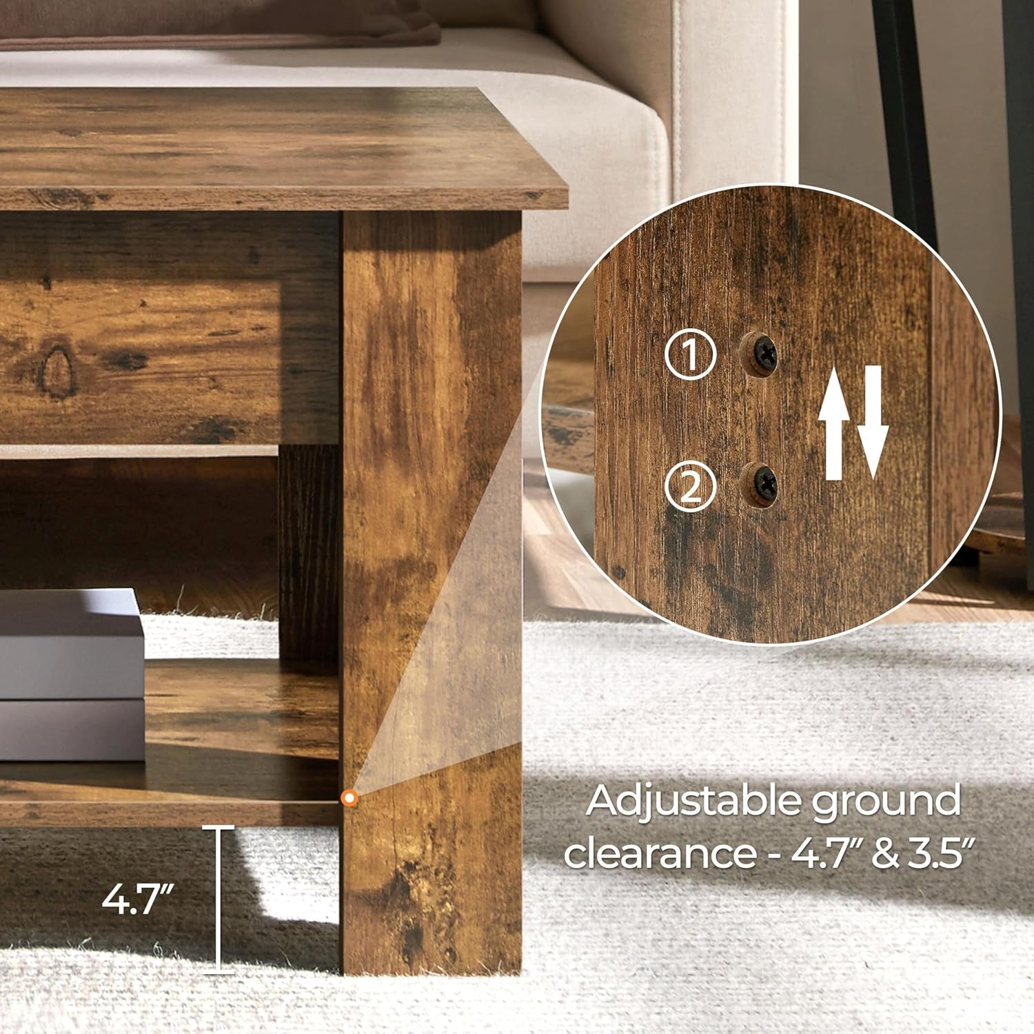 Coffee Table, 47.5In Lift Top Coffee Table with Hidden Compartment and Peach Maple