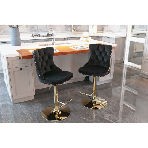 Golden Swivel Velvet Barstools Adjusatble Seat Height From 25-33 Inch Black,Set Of 2
