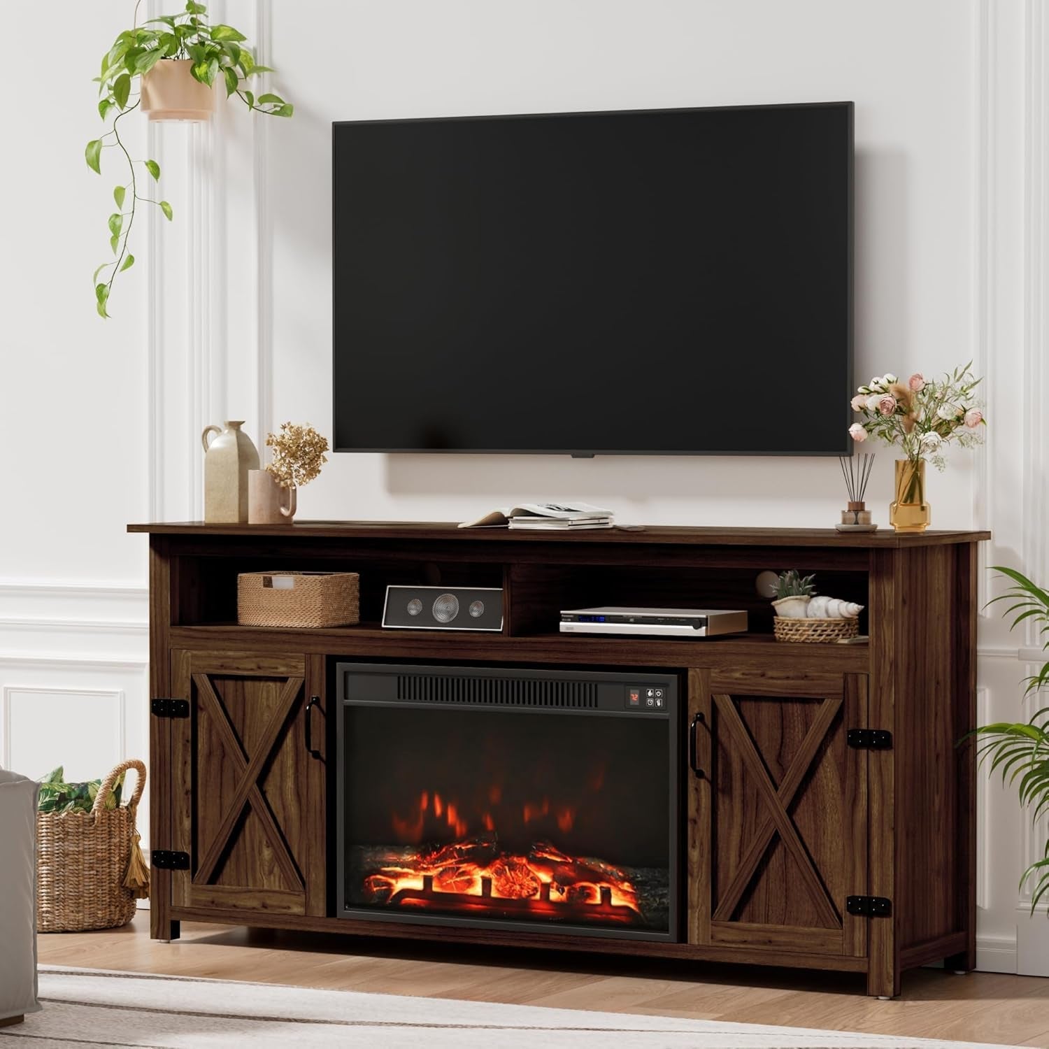 Farmhouse Fireplace TV Stand for Tvs up to 65 Inch Highboy Peach Maple