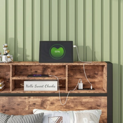Twin Size Bed Frame With Storage Headboard, Metal Platform Bed With Charging Station, Bookcase Storage, No Box Spring Needed, Easy Assembly